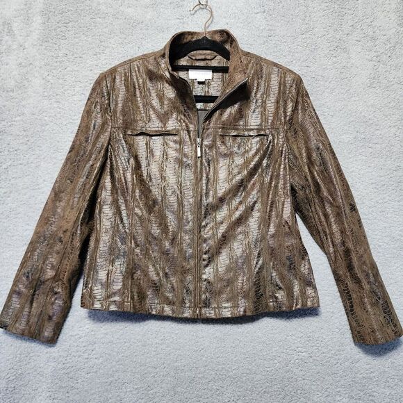 Erin London Brown Leather Snakeskin‎ Look Jacket Zip Up Size Petite Medium - Picture 1 of 7